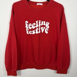 Hazel & Olive Feeling Festive Oversize Crewneck Fleece Sweatshirt Large Red Xmas